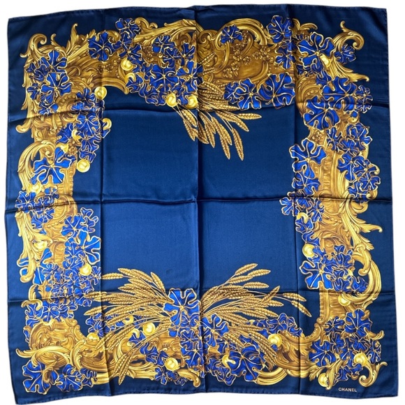 Chanel 100% Silk Blue and Gold Floral Scarf - Picture 1 of 4